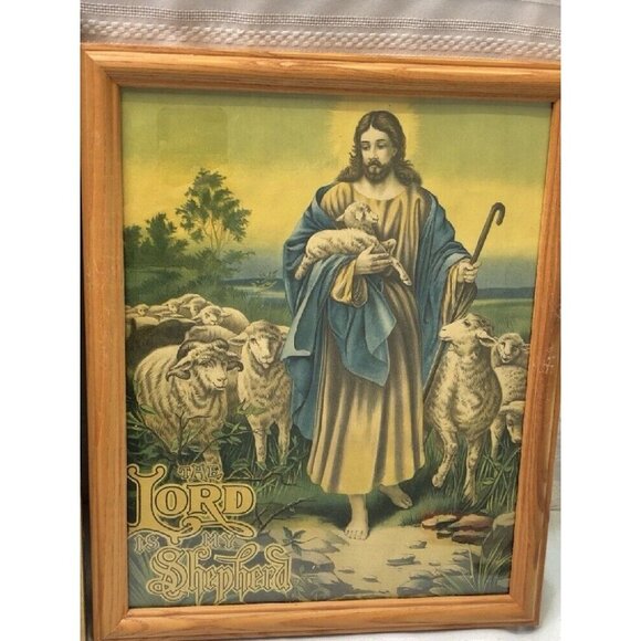Vintage Jesus Good Shepherd Flock of Sheep The Lord Is My Shepherd Framed - Picture 1 of 3